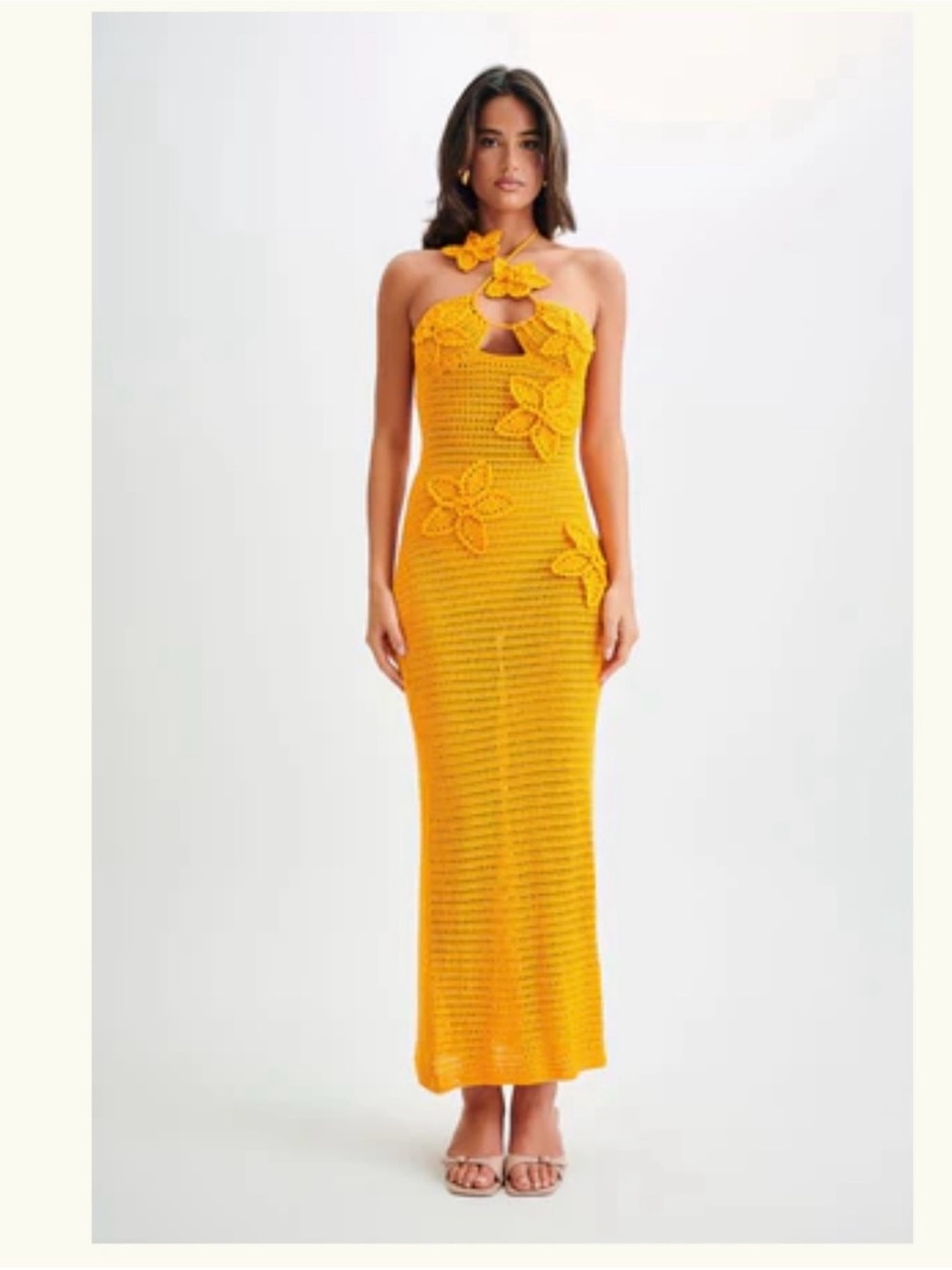 Meshki Mustard Crochet Halter Maxi Dress with Floral Appliqué